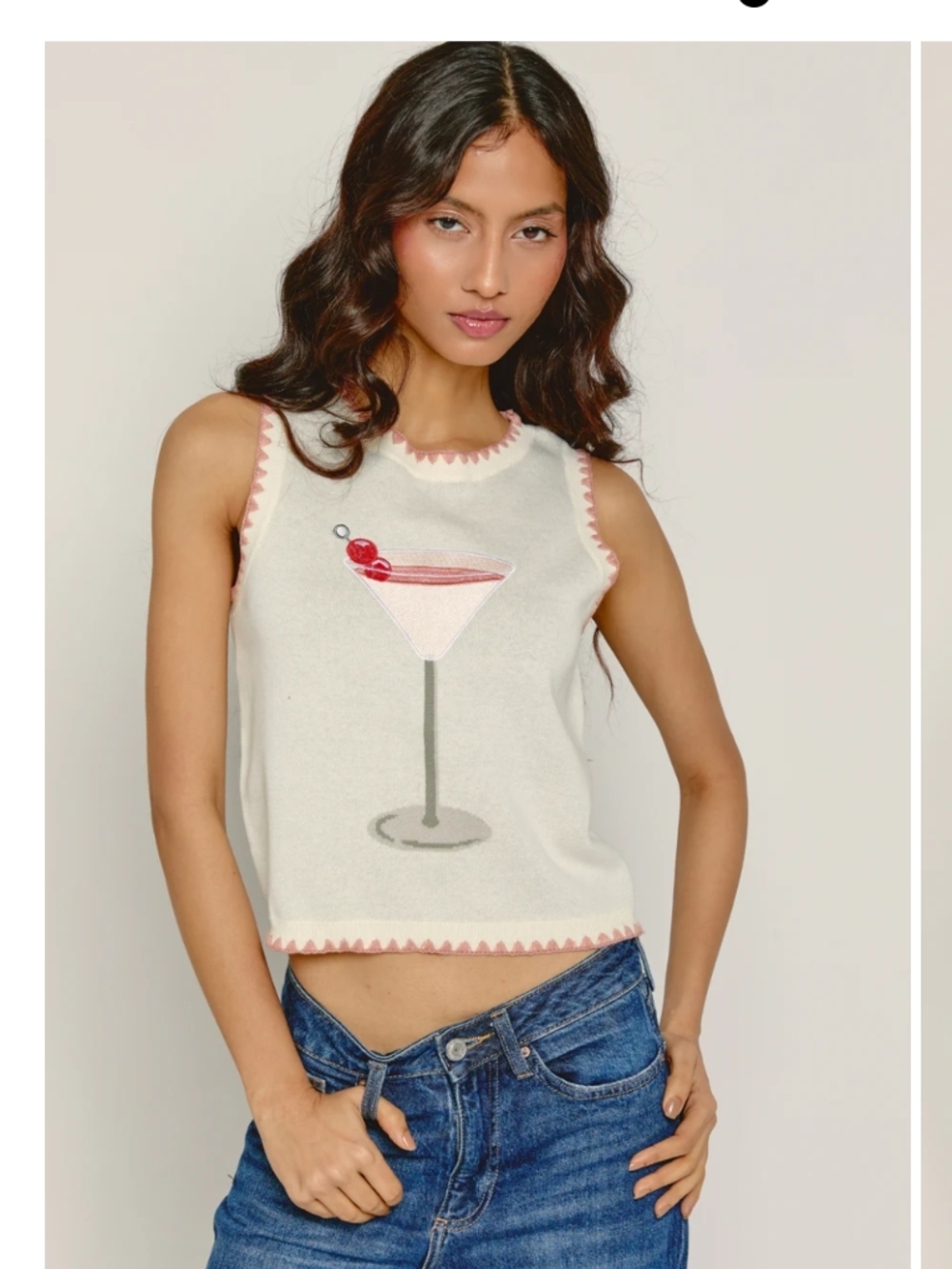 Cream Tank Top with Pink Trim and Cocktail Graphic
